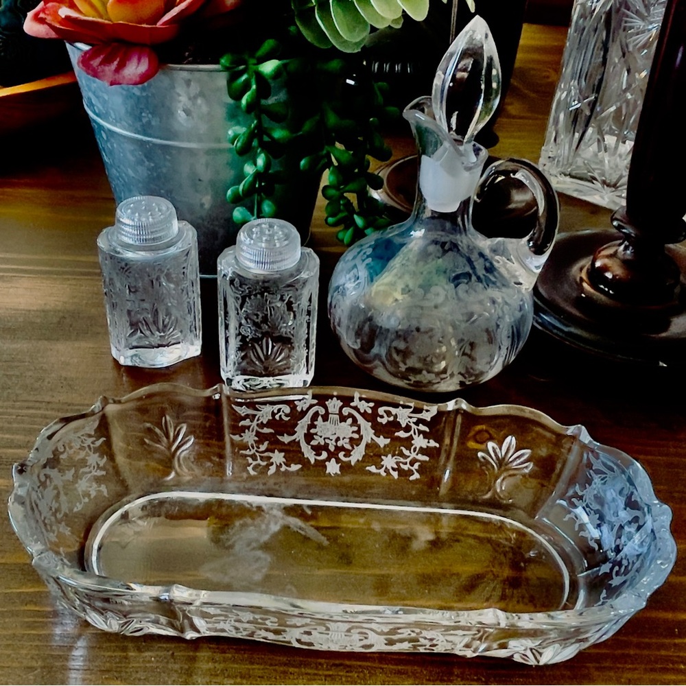 Vintage Fostoria Decanter, Shakers & Sauce Dish